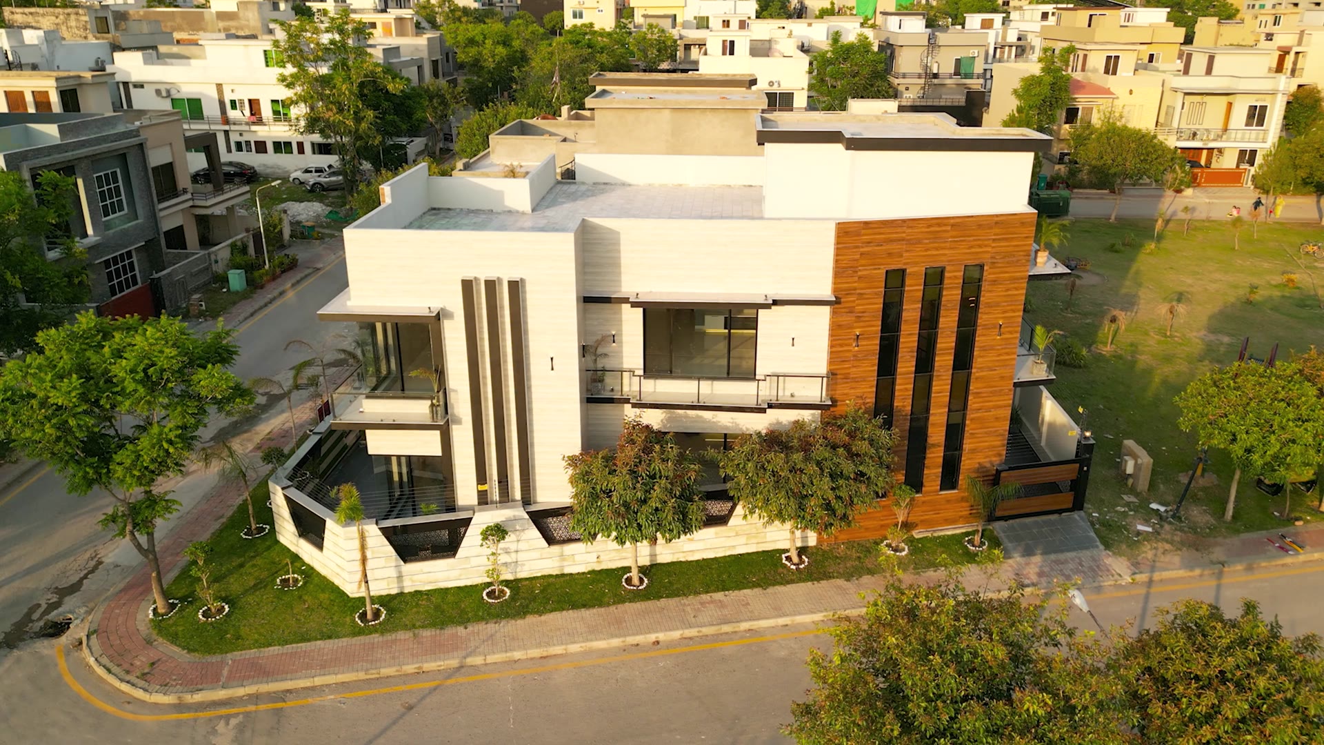 Aerial view of the corner plot with the house, garden and surrounding streets